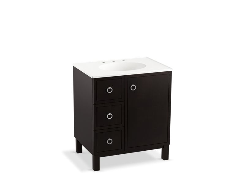 KOHLER K-99504-LGL-1WU Jacquard 30" bathroom vanity cabinet with furniture legs, 1 door and 3 drawers on left