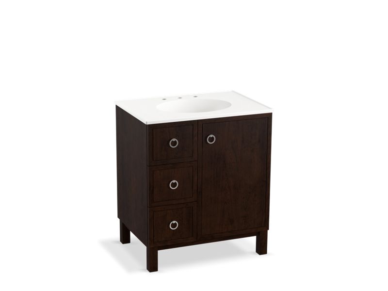 KOHLER K-99504-LGL-1WB Jacquard 30" bathroom vanity cabinet with furniture legs, 1 door and 3 drawers on left