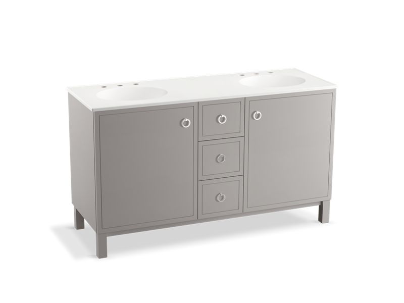 KOHLER K-99511-LGSD-1WT Jacquard 60" bathroom vanity cabinet with furniture legs, 2 doors and 3 drawers, split top drawer