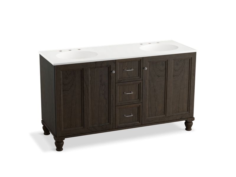 KOHLER K-99524-LGSD-1WC Damask 60" bathroom vanity cabinet with furniture legs, 2 doors and 3 drawers, split top drawer