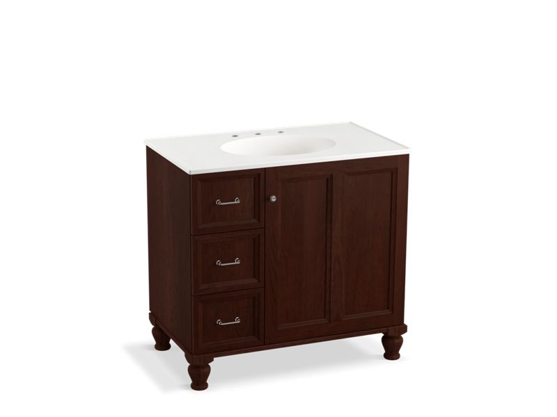 KOHLER K-99520-LGL-1WG Damask 36" bathroom vanity cabinet with furniture legs, 1 door and 3 drawers on left