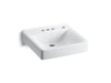 KOHLER K-2054-NR Soho 20" x 18" wall-mount/concealed arm carrier bathroom sink with 4" centerset faucet holes and right-hand soap dispenser hole