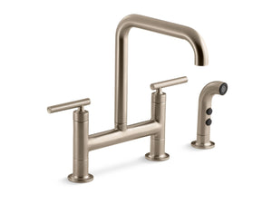 KOHLER K-7548-4 Purist Two-hole bridge kitchen sink faucet with side sprayer