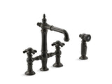 KOHLER K-76520-3M Artifacts Deck-mount bridge bar sink faucet with prong handles and sidespray