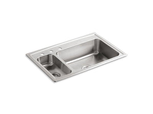 KOHLER K-3347L-3-NA Toccata 33" x 22" x 7-11/16" top-mount high/low double-bowl kitchen sink with disposal bowl and 3 faucet holes on the left