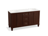 KOHLER K-99524-LGSD-1WG Damask 60" bathroom vanity cabinet with furniture legs, 2 doors and 3 drawers, split top drawer
