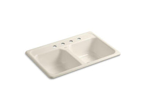 KOHLER K-5817-4-47 Delafield 33" x 22" x 8-1/2" top-mount double-equal kitchen sink with 4 faucet holes