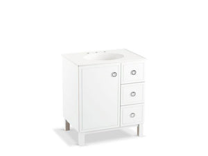KOHLER K-99504-LGR-1WA Jacquard 30" bathroom vanity cabinet with furniture legs, 1 door and 3 drawers on right