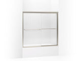 KOHLER 702202-G54-MX Fluence Sliding Bath Door, 55-3/4" H X 54 - 57" W, With 1/4" Thick Falling Lines Glass in Matte Nickel