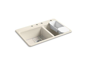KOHLER K-8669-4A2-47 Riverby 33" x 22" x 9-5/8" top-mount large/medium double-bowl kitchen sink with accessories and 4 faucet holes
