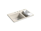 KOHLER K-8669-4A2-FD Riverby 33" x 22" x 9-5/8" top-mount large/medium double-bowl kitchen sink with accessories and 4 faucet holes