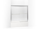 KOHLER 702202-G54-SHP Fluence Sliding Bath Door, 55-3/4" H X 54 - 57" W, With 1/4" Thick Falling Lines Glass in Bright Polished Silver