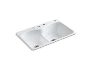 KOHLER K-6626-4 Langlade 33" x 22" x 9-5/8" top-mount Smart Divide double-equal kitchen sink with 3 faucet holes and one accessory hole