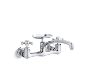 KOHLER K-159-3-CP Antique two-hole wall-mount kitchen sink faucet with 12" spout, soap dish and 6-prong handles