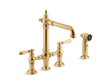 KOHLER K-76519-4 Artifacts deck-mount bridge kitchen sink faucet with lever handles and sidespray