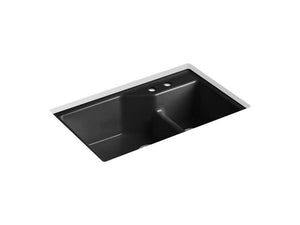 KOHLER K-6411-2 Indio 33" x 21-1/8" x 9-3/4" Smart Divide undermount large/small double-bowl workstation kitchen sink with 2 faucet holes
