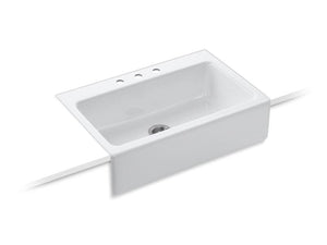 KOHLER 6546-3-0 Dickinson 33" X 22-1/8" X 8-5/8" Apron-Front, Tile-In Single-Bowl Kitchen Sink With 3 Faucet Holes in White