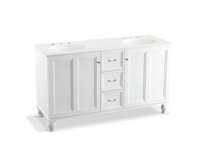 KOHLER K-99524-LGSD-1WA Damask 60" bathroom vanity cabinet with furniture legs, 2 doors and 3 drawers, split top drawer
