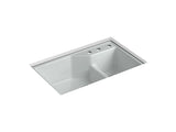 KOHLER K-6411-3 Indio 33" x 21-1/8" x 9-3/4" Smart Divide undermount double-bowl large/small workstation kitchen sink with three-hole faucet holes