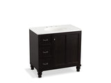 KOHLER K-99520-LGL-1WU Damask 36" bathroom vanity cabinet with furniture legs, 1 door and 3 drawers on left