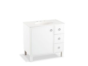 KOHLER K-99507-LGR-1WA Jacquard 36" bathroom vanity cabinet with furniture legs, 1 door and 3 drawers on right
