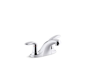 KOHLER K-15243-4RA Coralais Two-handle centerset bathroom sink faucet with grid drain, 0.5 gpm vandal-resistant aerator and red/blue indicator