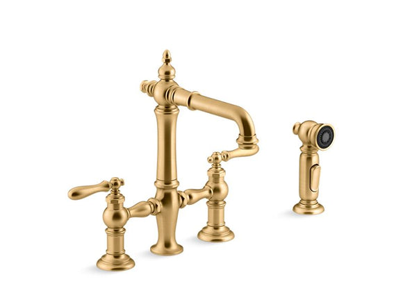 KOHLER K-76520-4 Artifacts Deck-mount bridge bar sink faucet with lever handles and sidespray