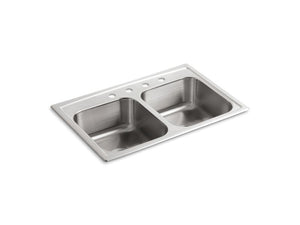 KOHLER K-RH3346-4 Toccata 33" x 22" x 8-3/16" top-mount double-equal bowl kitchen sink with 4 faucet holes