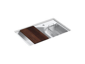 KOHLER K-6411-1 Indio 33" x 21-1/8" x 9-3/4" Smart Divide undermount large/small double-bowl workstation kitchen sink with single faucet hole