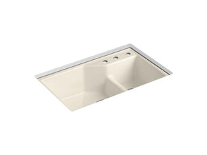 KOHLER K-6411-3-47 Indio 33" x 21-1/8" x 9-3/4" Smart Divide undermount double-bowl large/small kitchen sink with three-hole faucet holes
