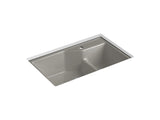 KOHLER K-6411-1 Indio 33" x 21-1/8" x 9-3/4" Smart Divide undermount large/small double-bowl workstation kitchen sink with single faucet hole