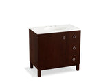 KOHLER K-99507-LGR-1WG Jacquard 36" bathroom vanity cabinet with furniture legs, 1 door and 3 drawers on right