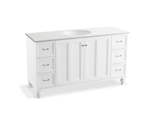 KOHLER K-99523-LGSD-1WA Damask 60" bathroom vanity cabinet with furniture legs, 2 doors and 6 drawers, split top drawers