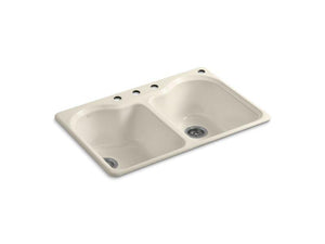 KOHLER K-5818-4-47 Hartland 33" x 22" x 9-5/8" top-mount double-equal kitchen sink with 4 faucet holes