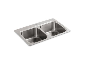 KOHLER K-5267-1 Verse 33" x 22" x 9-1/4" top-mount double-equal bowl kitchen sink with single faucet hole