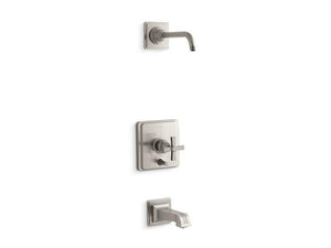 KOHLER T13133-3BL-BN Pinstripe Rite-Temp(R) Bath And Shower Trim Set With Push-Button Diverter And Cross Handle, Less Showerhead in Vibrant Brushed Nickel